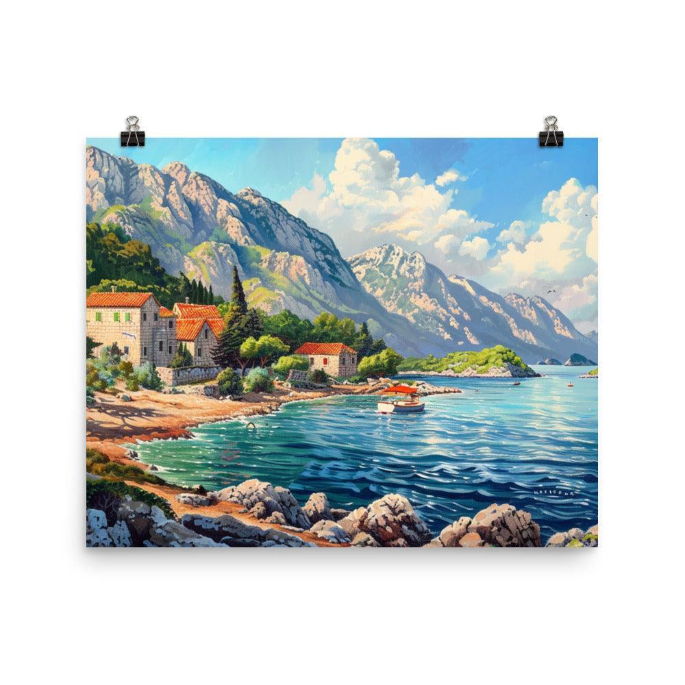 Croatia Serene Coastline and Mountains Landscape Painting Poster - Oh Posters