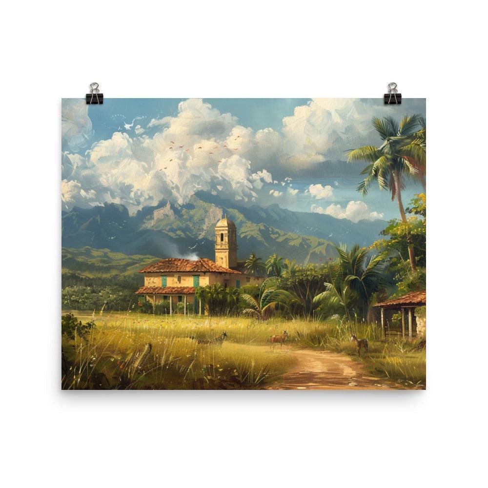 Cuba Rural Landscape with Church and Mountains Painting Poster - Oh Posters