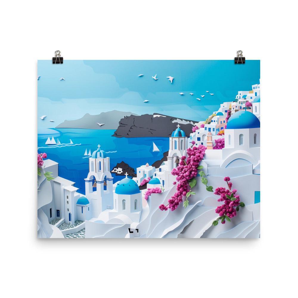 Greece Santorini Blooming Flowers Coastal Scene Poster - Oh Posters