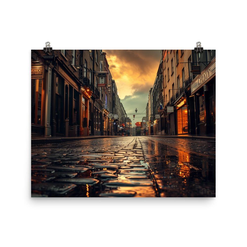 Ireland Rainy Cobblestone Street Evening Poster - Oh Posters