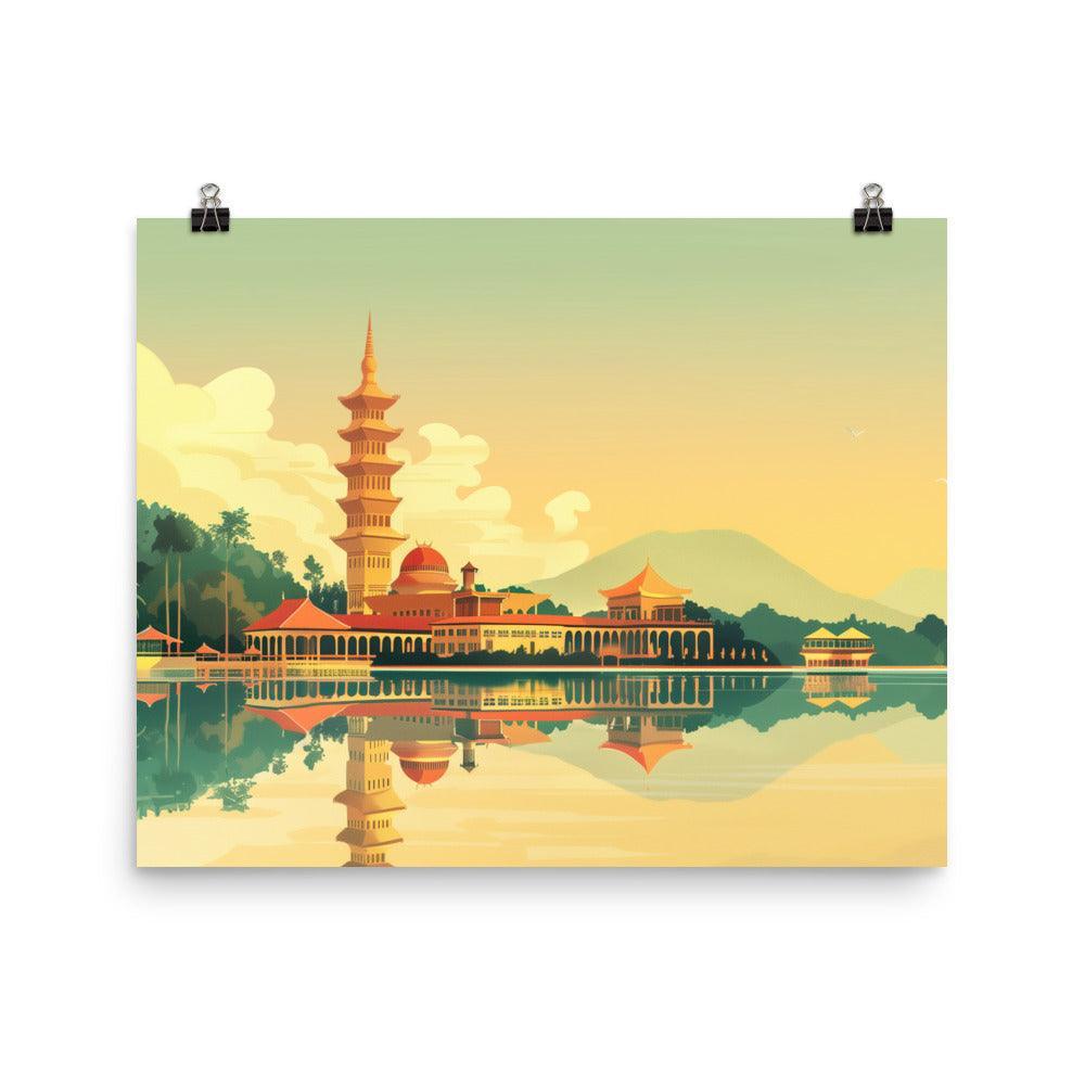 Malaysia Tranquil Pagoda Lakeside Reflection Poster - Oh Posters