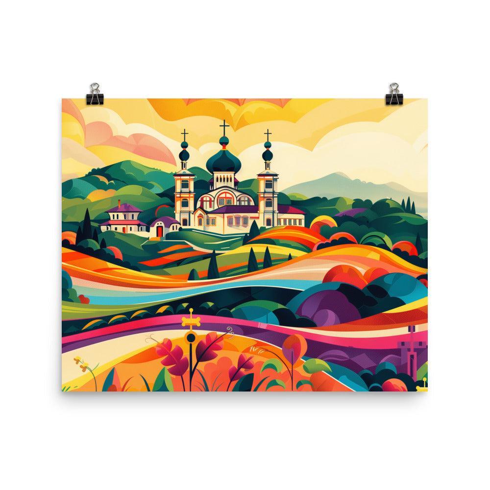 Moldova Colorful Rolling Hills with Orthodox Church Poster - Oh Posters