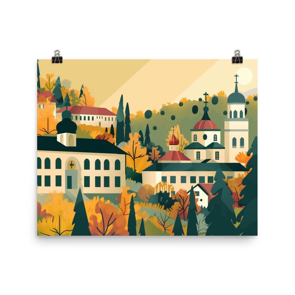 Moldova Serene Monastery in Lush Autumn Forest Poster - Oh Posters