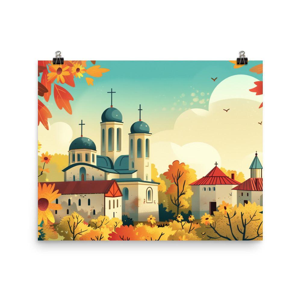 Moldova Tranquil Orthodox Church in Flowering Countryside Poster - Oh Posters