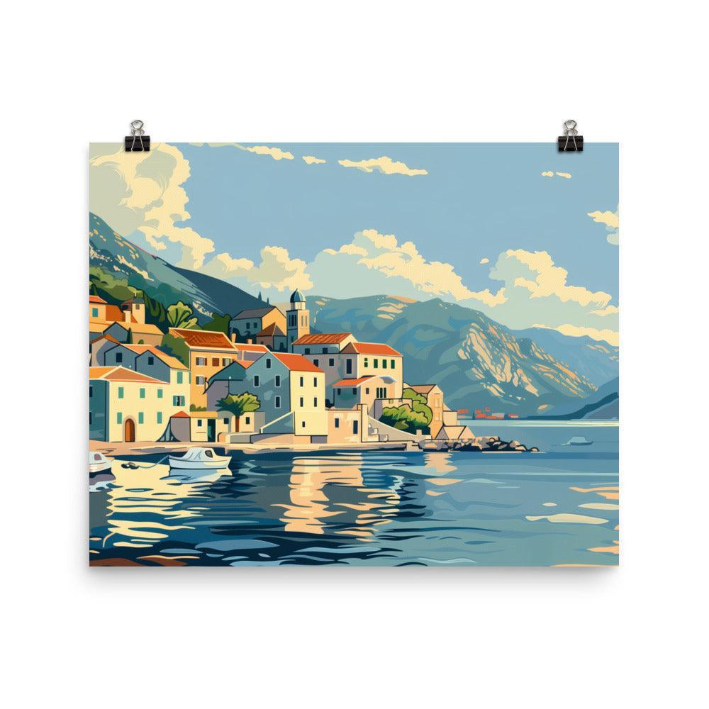 Montenegro Seaside Village Boats Mountain View Poster - Oh Posters