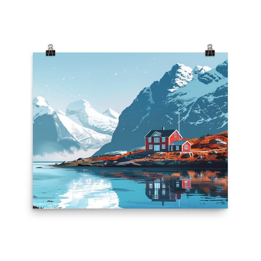 Norway Fjordside Cottage in Snowy Mountains Poster - Oh Posters