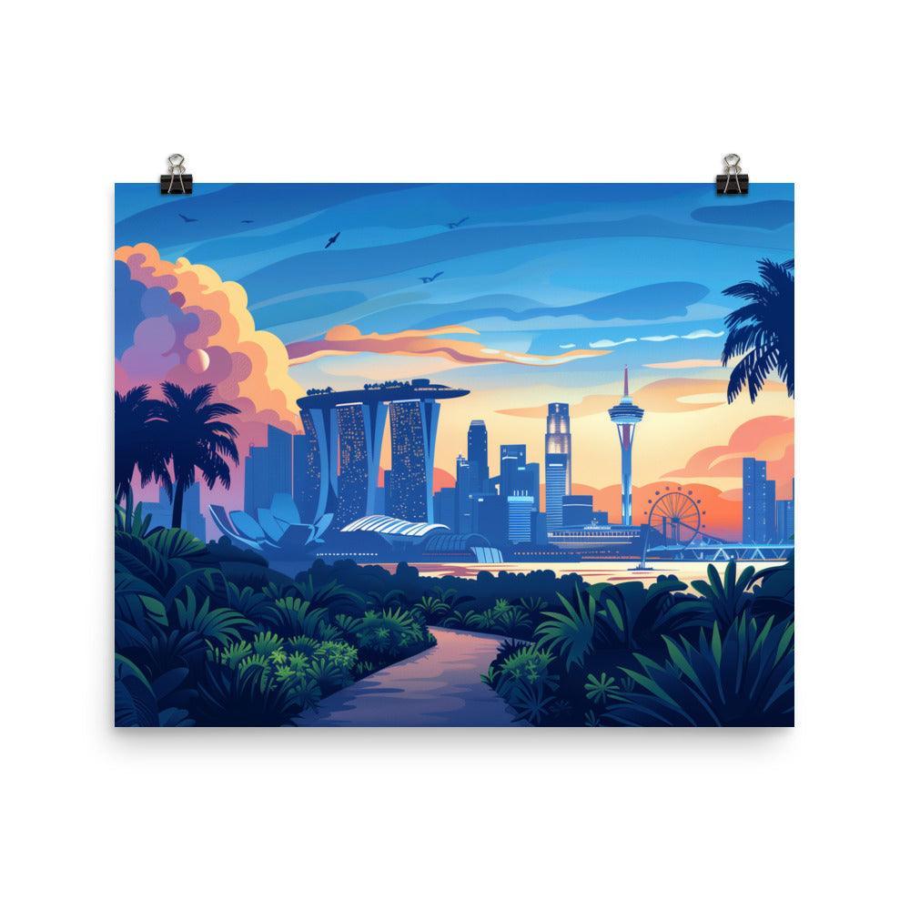 Singapore Iconic Cityscape Tropical Twilight Poster - Oh Posters