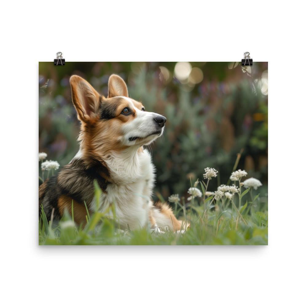 Cardigan Welsh Corgi in Flower Field Photograph Poster - Oh Posters