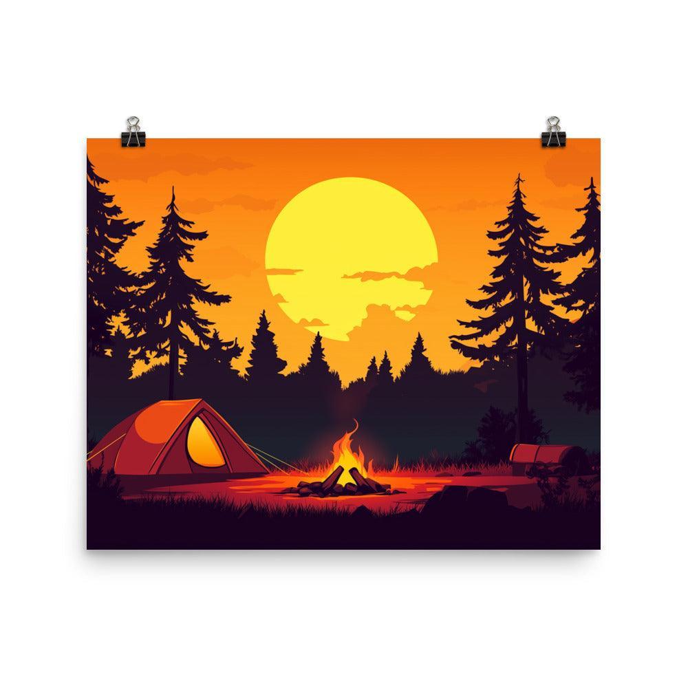 Forest Campfire Under Sunset Adventure Illustration Art Poster - Oh Posters