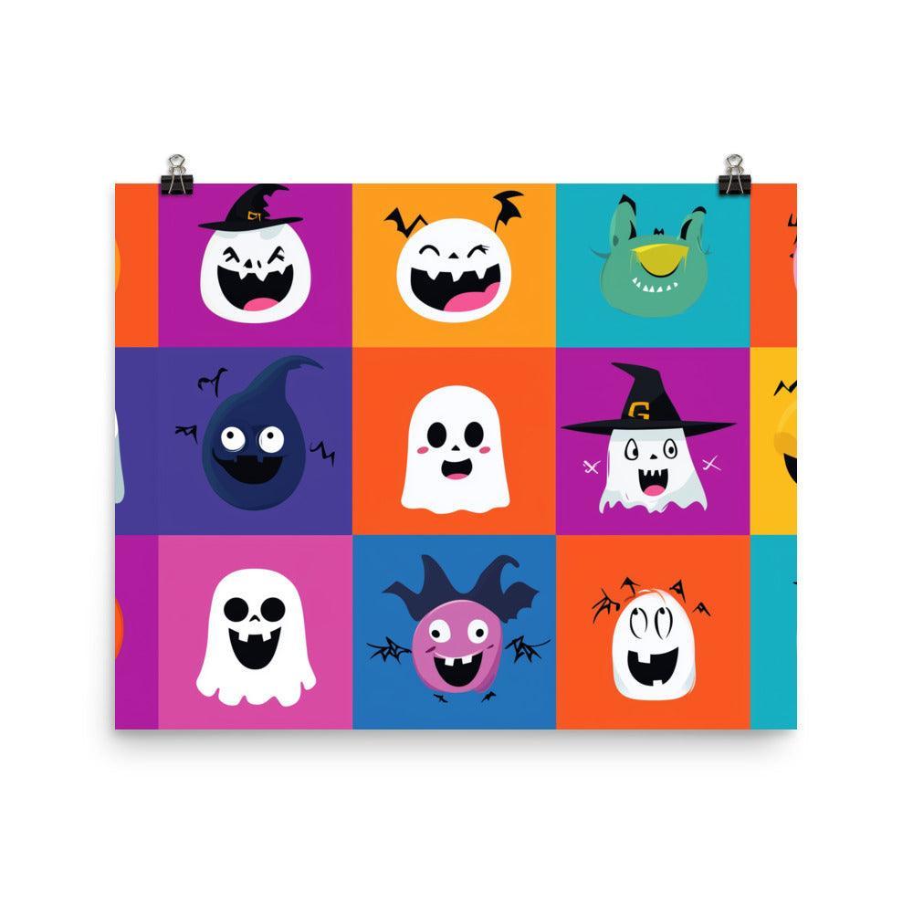 Halloween Cartoon Character Faces with Colorful Backgrounds Poster - Oh Posters