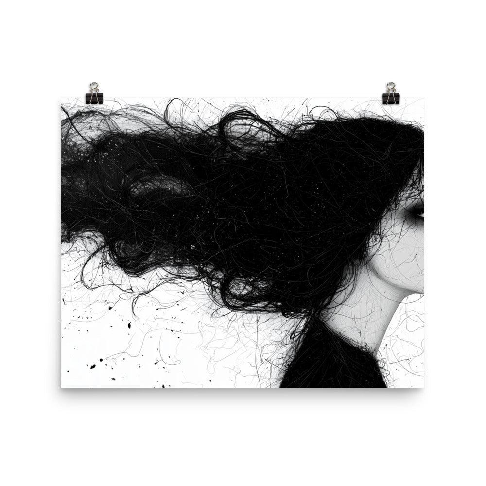 Female Silhouette with Dramatic Hair Flow Black and White Sketch Poster - Oh Posters