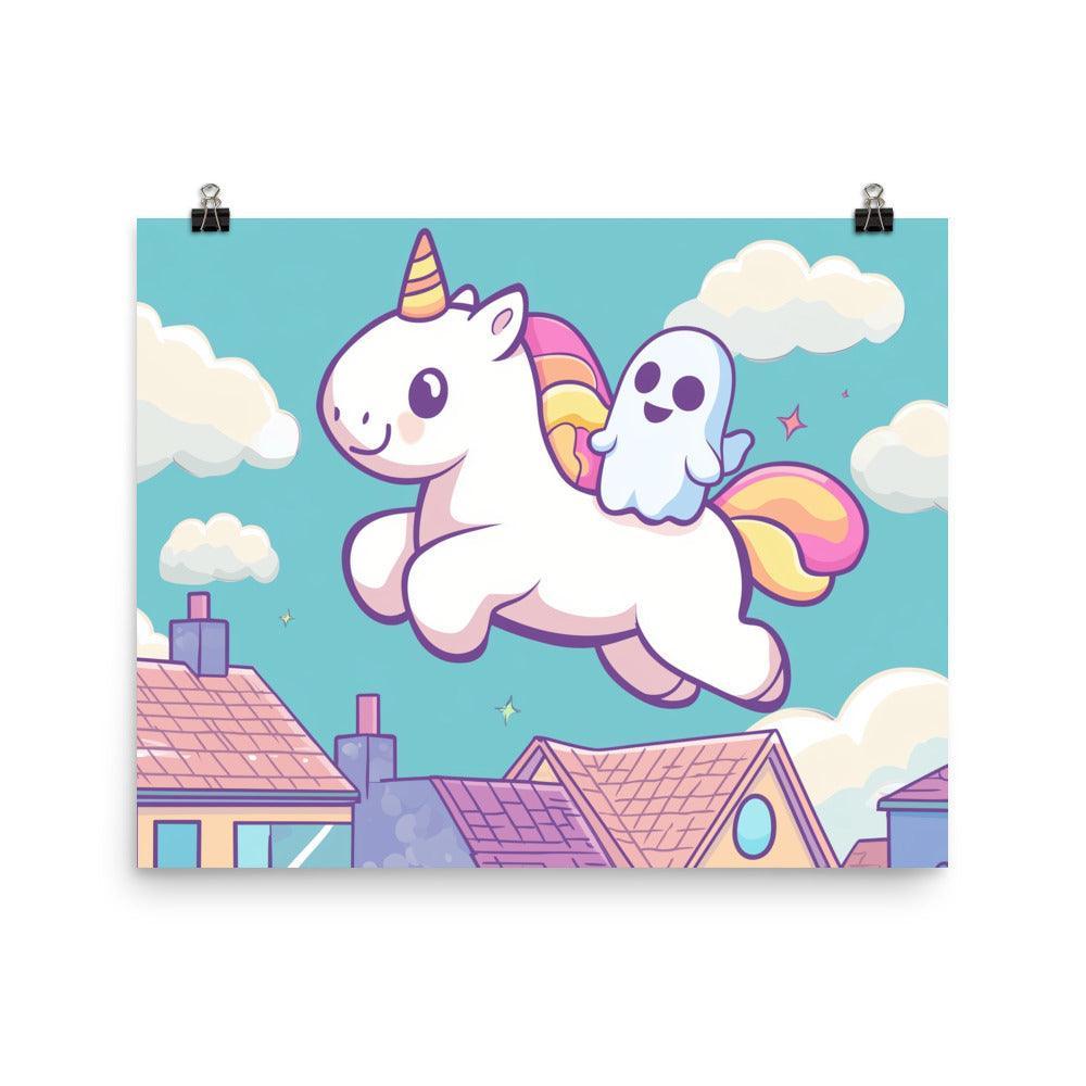 Kawaii Unicorn and Ghost Floating Above Colorful Town Digital Art Poster - Oh Posters