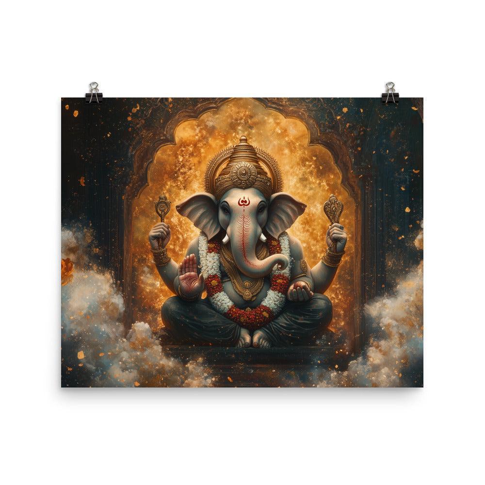 Ganesh in a Golden Temple with Flames Ethereal Artwork Poster - Oh Posters