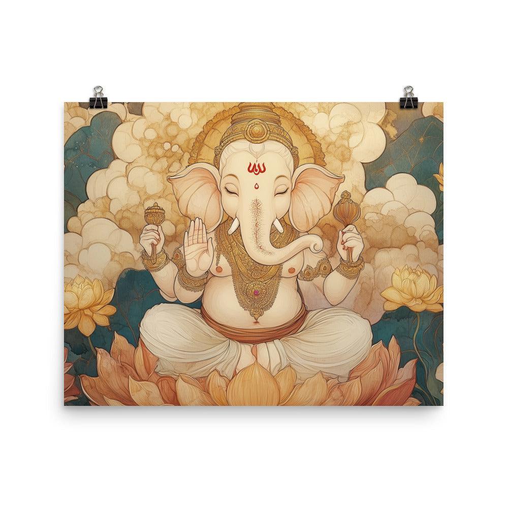 Ganesh Surrounded by Lotus Flowers Ethereal Watercolor Art Poster - Oh Posters