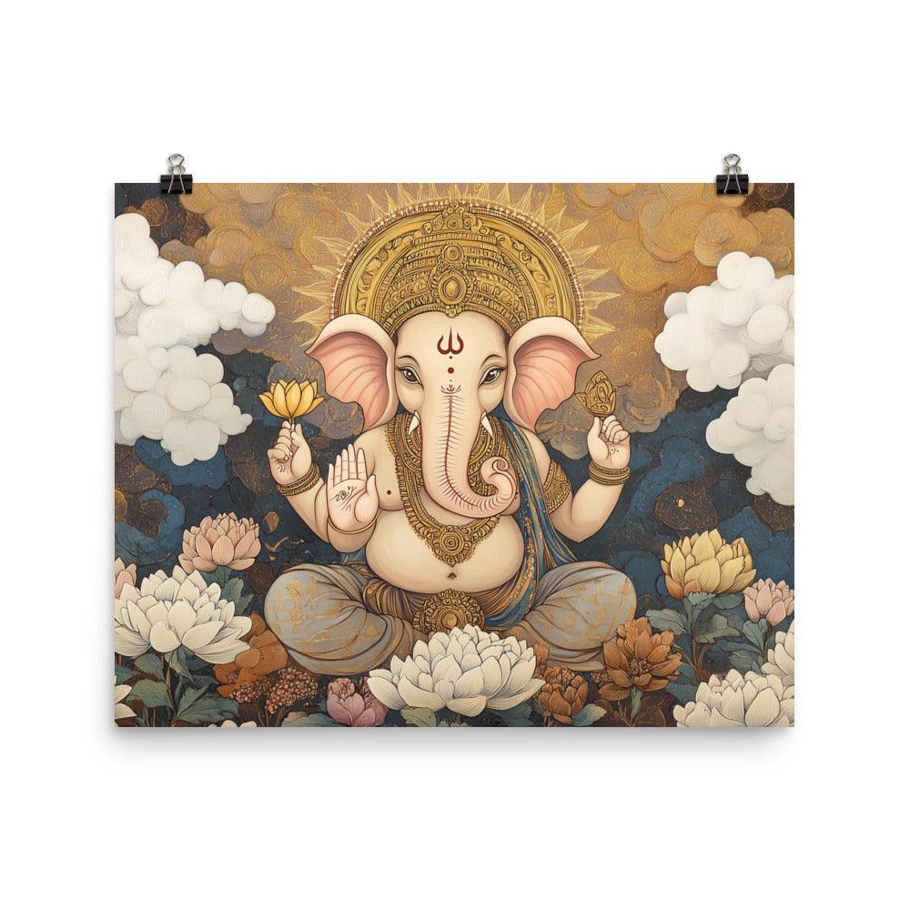 Ganesh with Lotus and Clouds Serene Indian Mythological Art Poster - Oh Posters