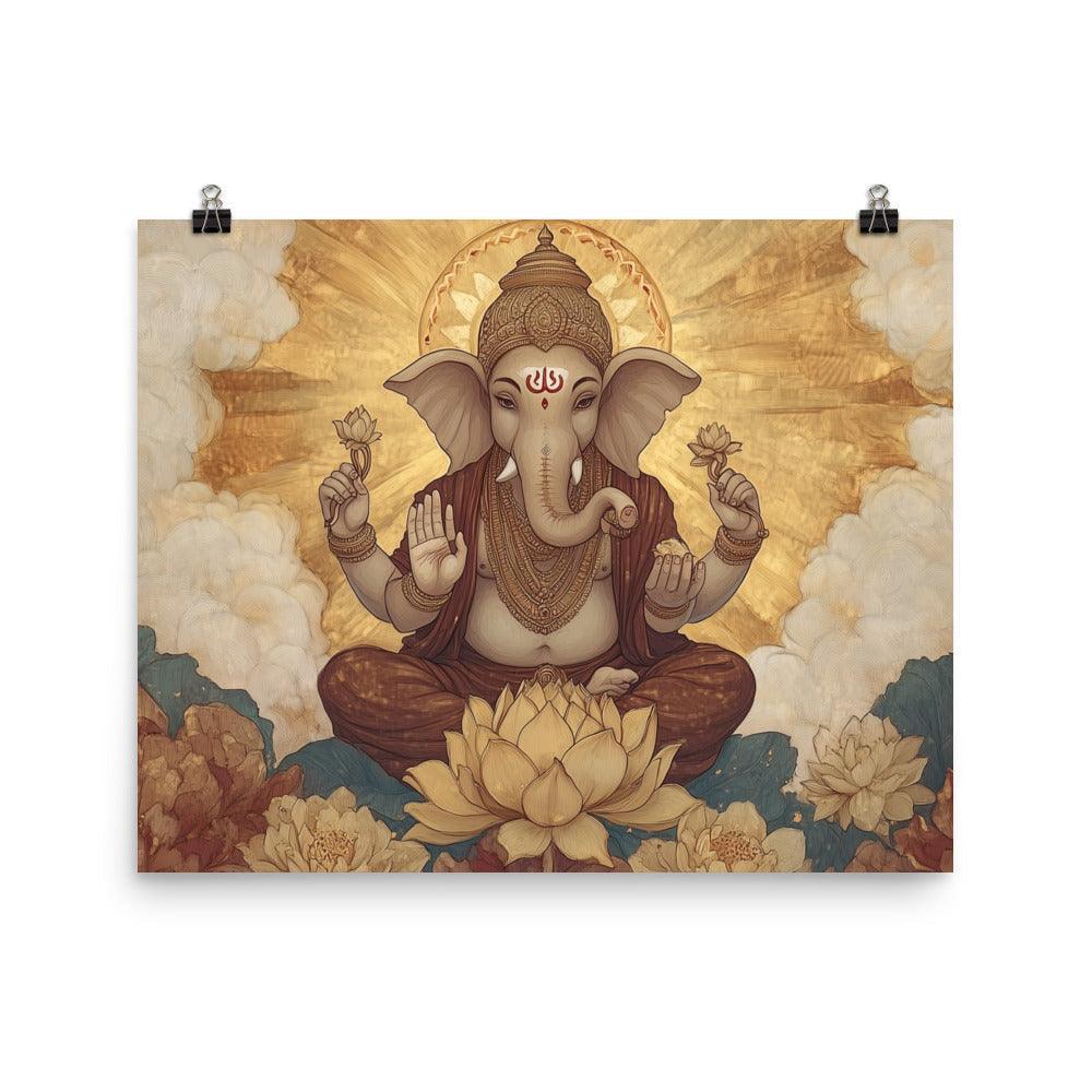 Golden Ganesh with Lotus Blossoms Peaceful Spiritual Artwork Poster - Oh Posters