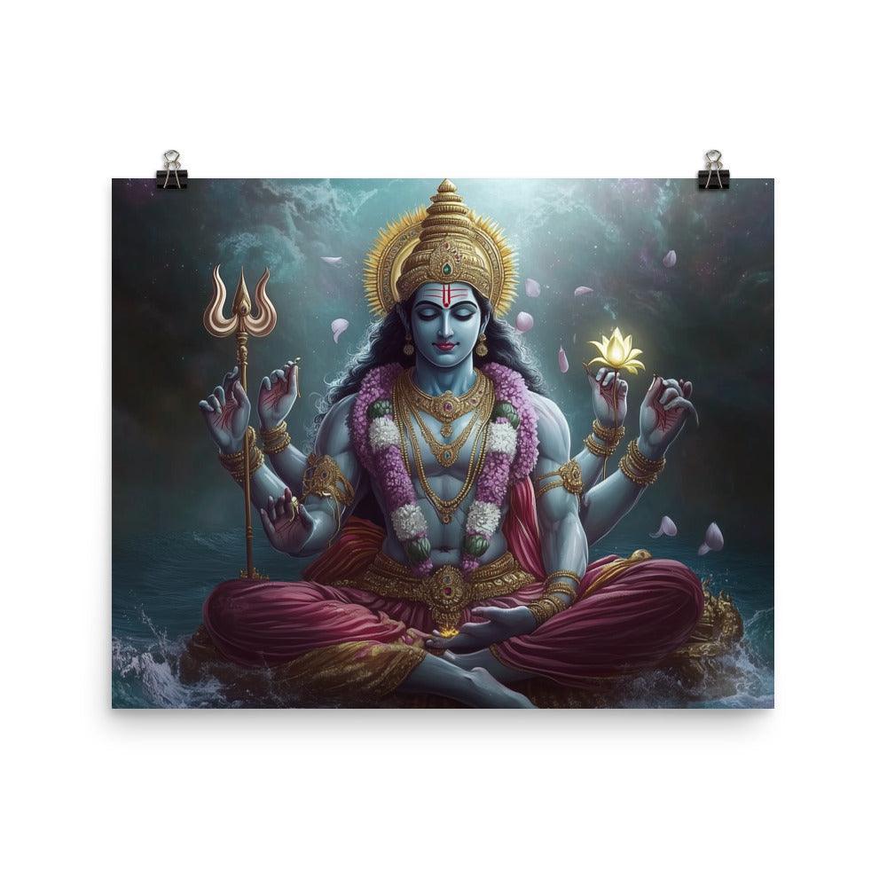 Meditative Vishnu with Trident and Lotus Divine Cosmic Illustration Poster - Oh Posters