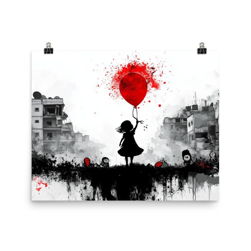 Girl with Red Balloon Amidst Urban Destruction Palestine Poster - Oh Posters