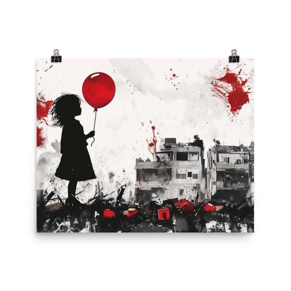 Child Holding Balloon Amidst Rubble Palestine Poster - Oh Posters