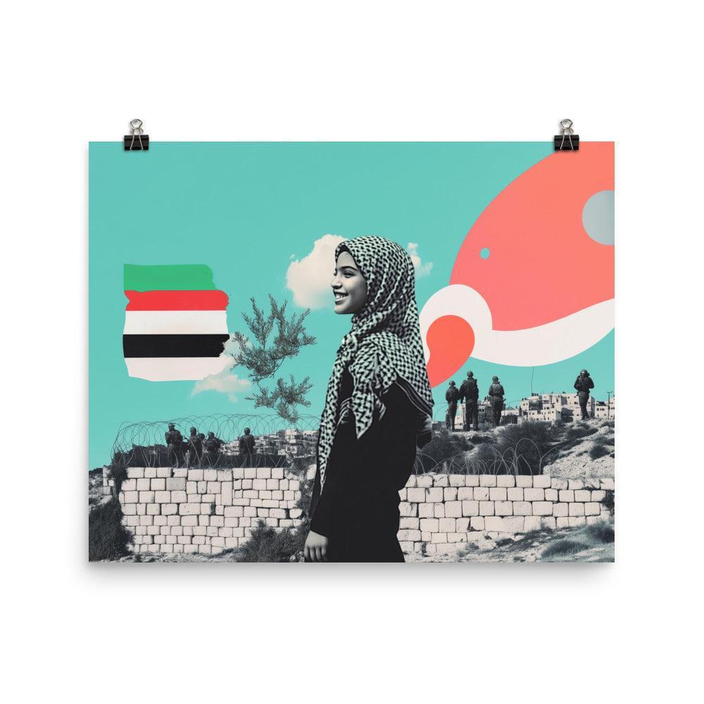 Smiling Palestinian Girl in City Pop Art Collage Poster - Oh Posters
