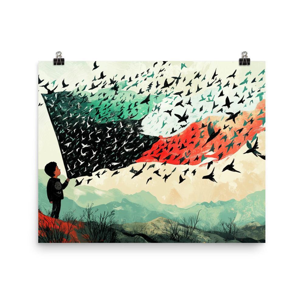 Child Holding Palestinian Flag Birds Flying Illustration Poster - Oh Posters