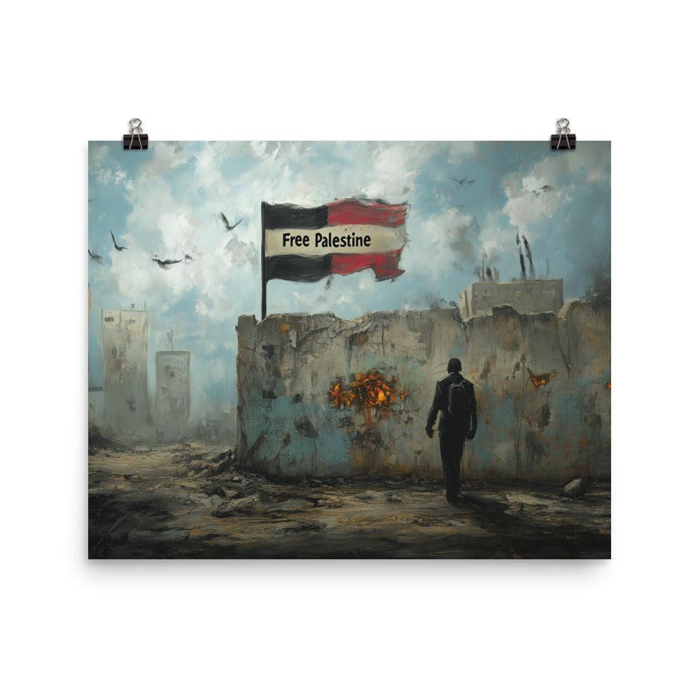 Free Palestine Flag in War-Torn Cityscape Poster - Oh Posters