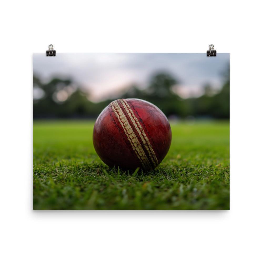 Close-Up Cricket Ball on Green Grass Field Poster - Oh Posters