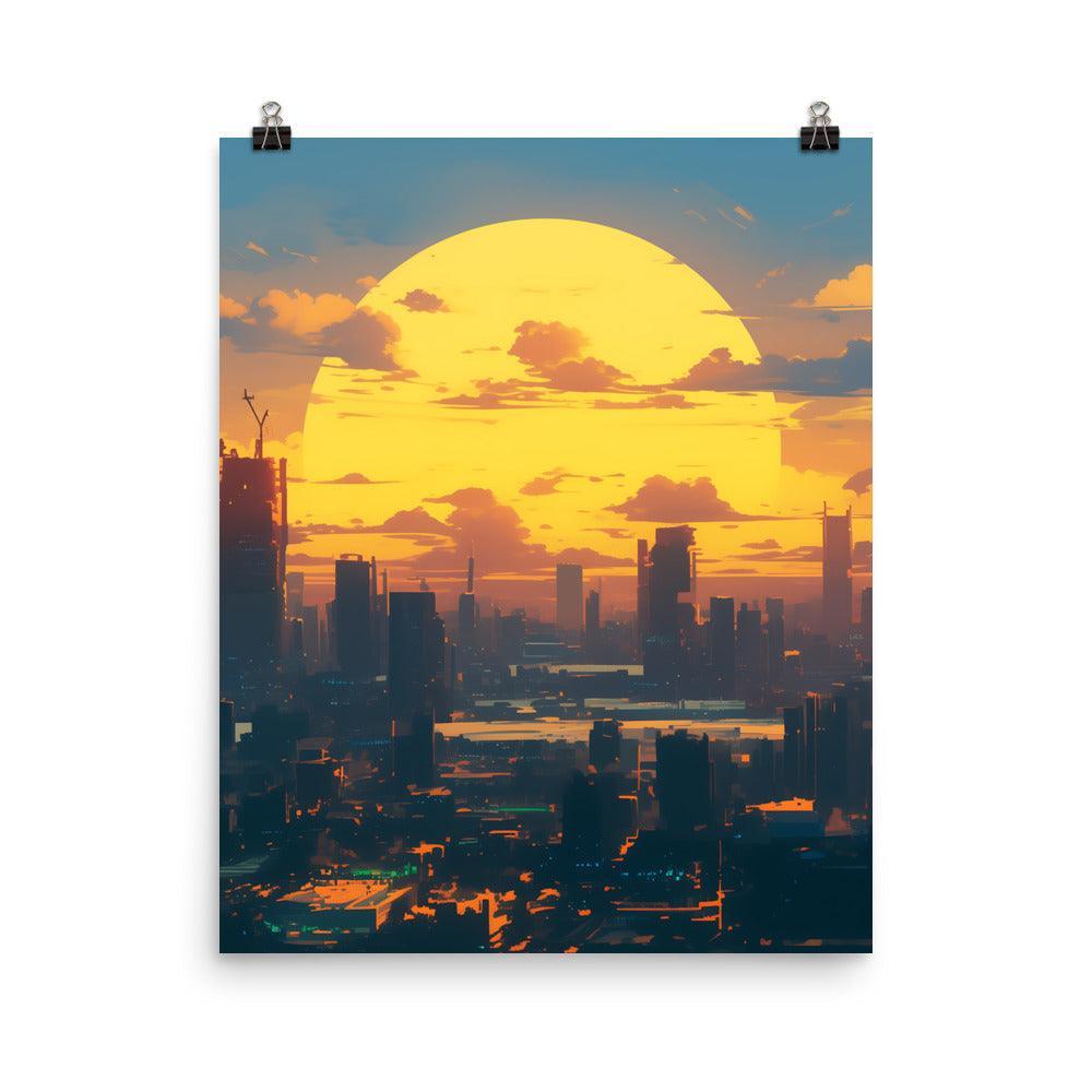 Futuristic Cityscape at Sunrise with Giant Sun and Towering Skyscrapers Digital Art Poster - Oh Posters