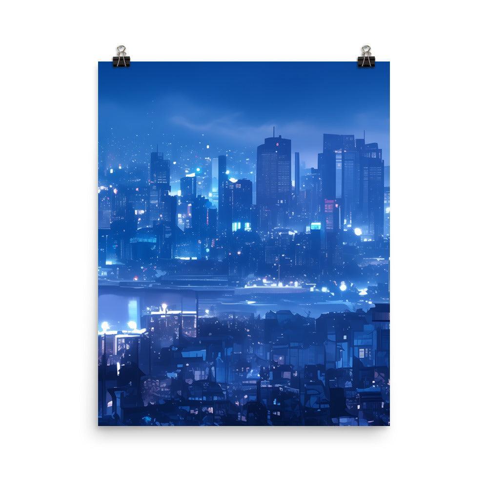 Futuristic Blue Cityscape with Neon Signs and Modern Architecture Art Poster - Oh Posters