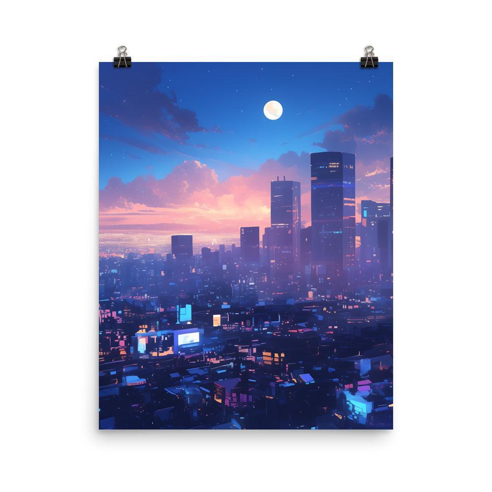 Illuminated City Skyline at Twilight with Full Moon and Vibrant Colors Art Poster - Oh Posters