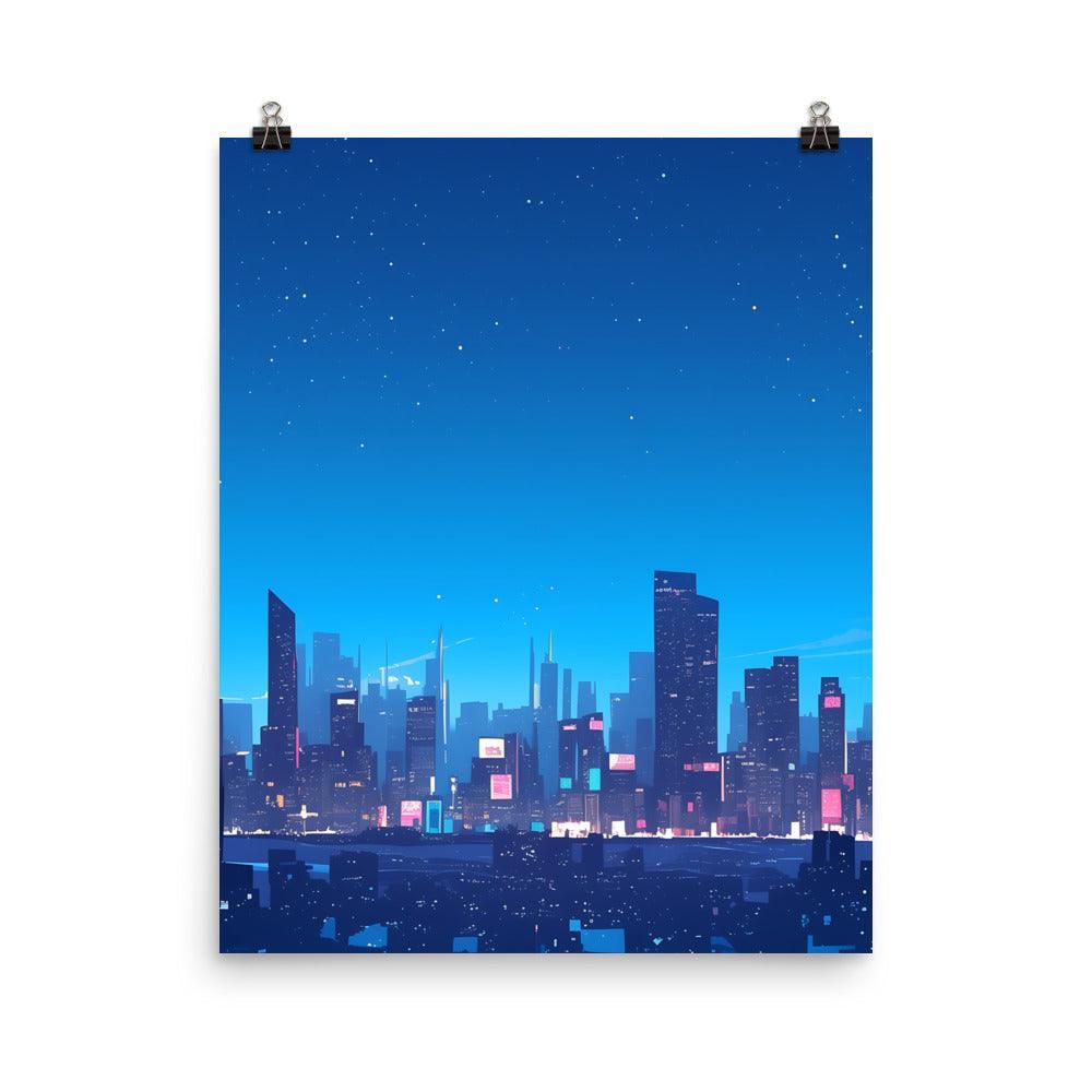 Bright City Skyline with Stars and Reflections Clean Digital Illustration Poster - Oh Posters