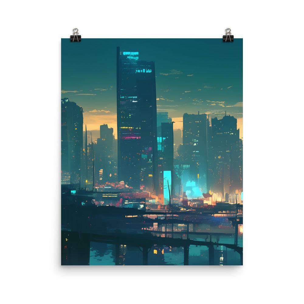 Evening Skyline with Skyscrapers and Warm Glow Futuristic Digital Art Poster - Oh Posters