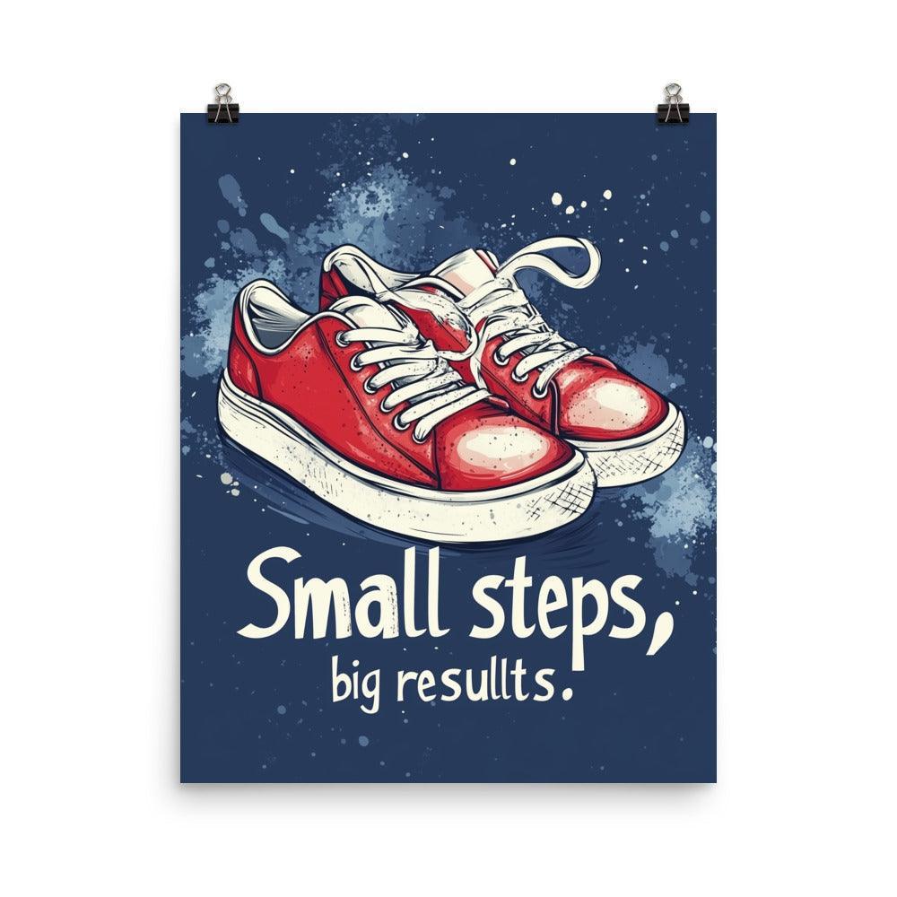 Small Steps Big Results Red Sneakers on Blue Background Poster - Oh Posters