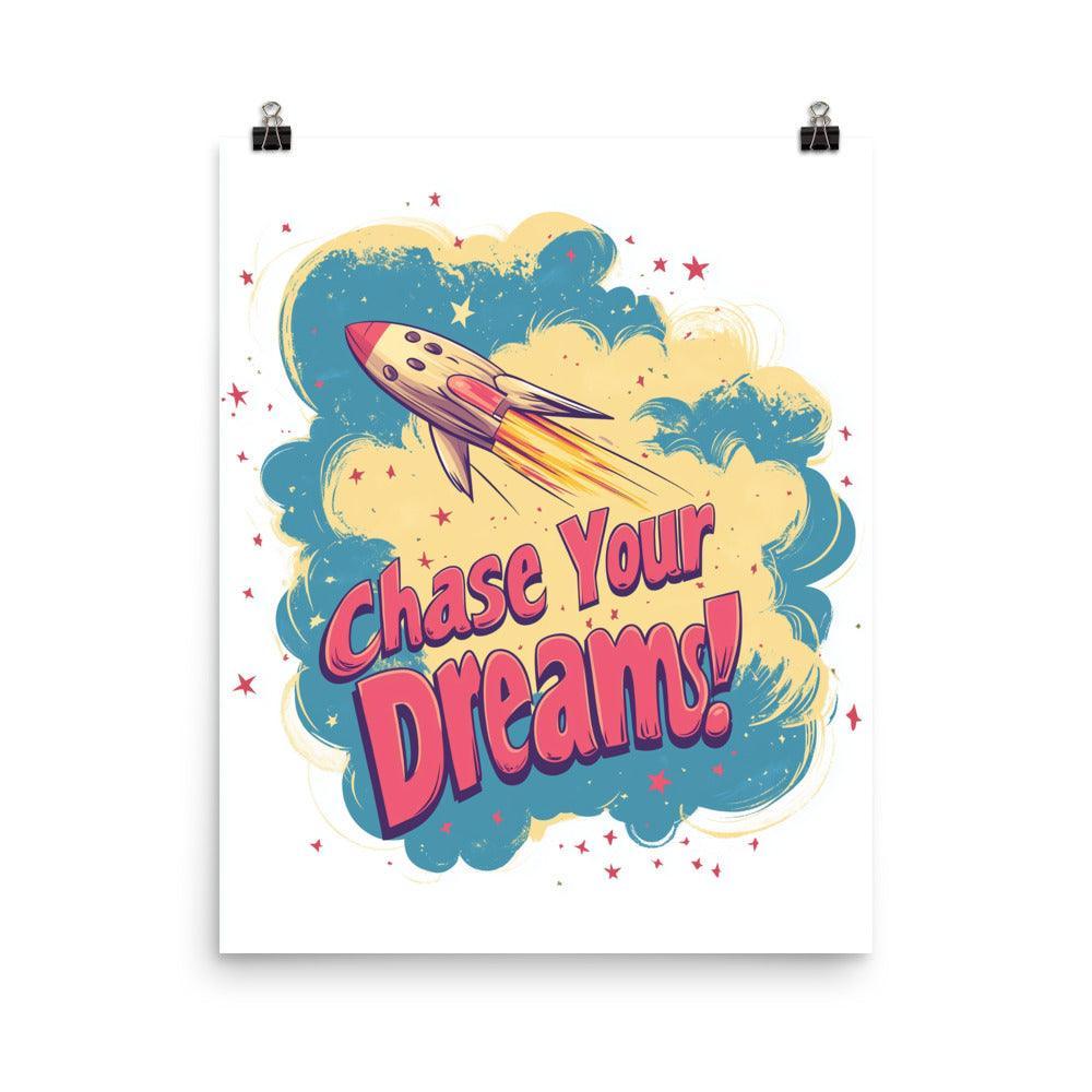 Chase Your Dreams Retro Rocket Design with Stars and Clouds Poster - Oh Posters