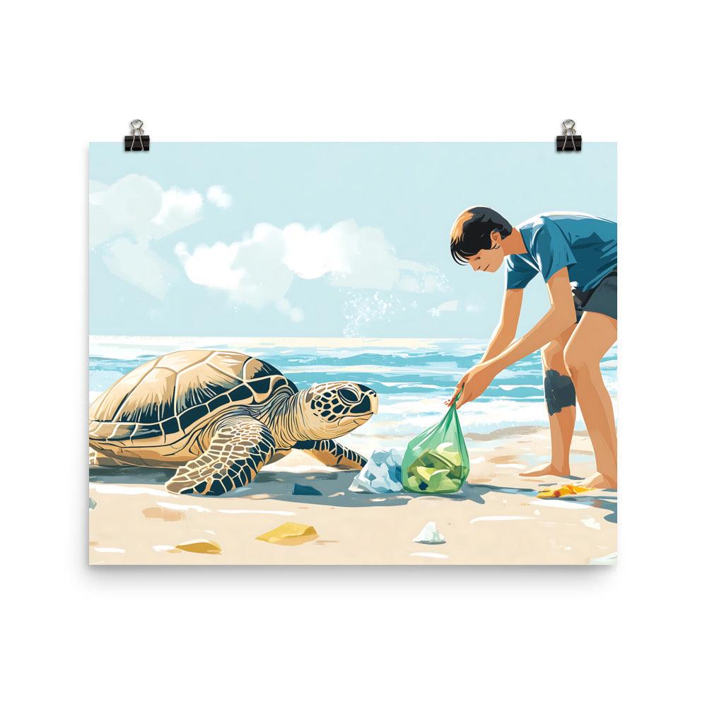 Beach Cleanup Turtle Teamwork Protecting Ocean Wildlife Together Poster - Oh Posters