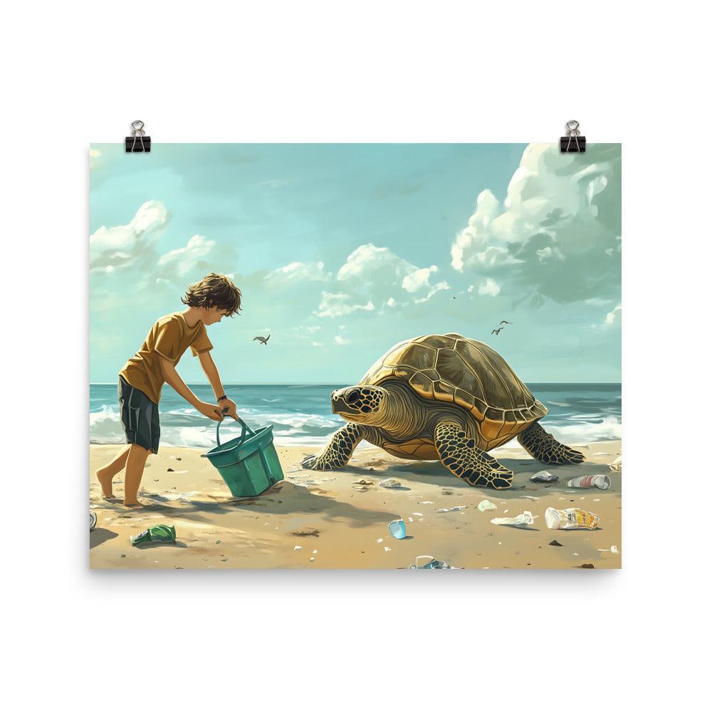 Beach Cleanup Turtle and Kid Inspiring Coastal Conservation Art Poster - Oh Posters