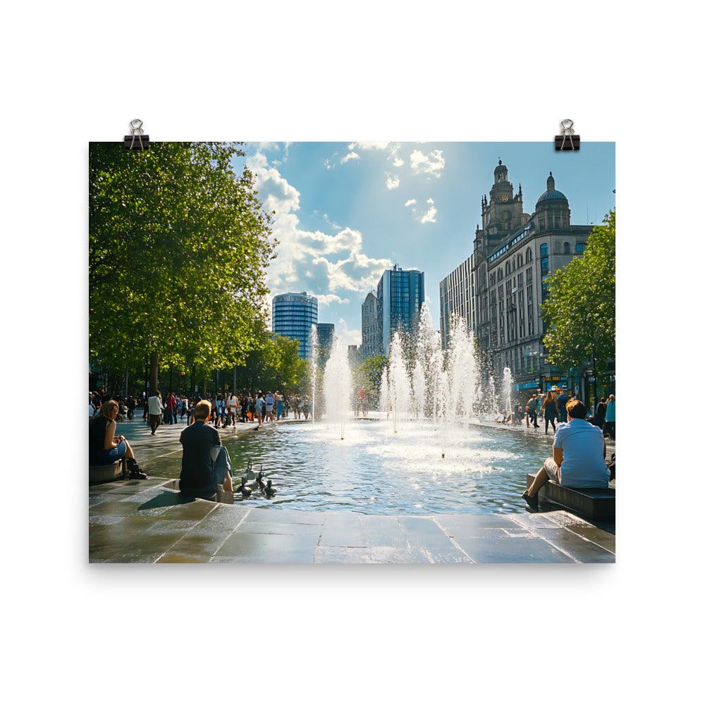 Manchester Skyline Urban Relaxation with Fountain and City Vibes Poster - Oh Posters