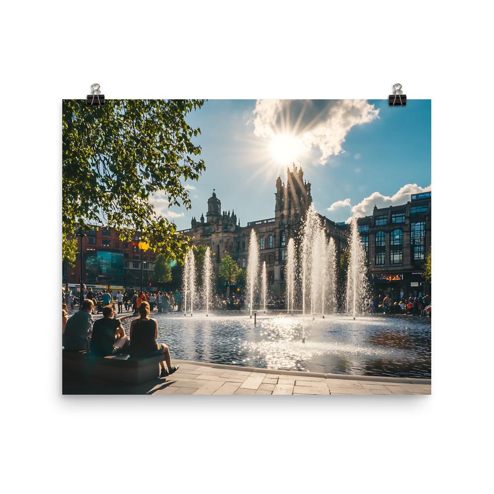 Manchester Cityscape Sunlit Fountains Afternoon Poster - Oh Posters