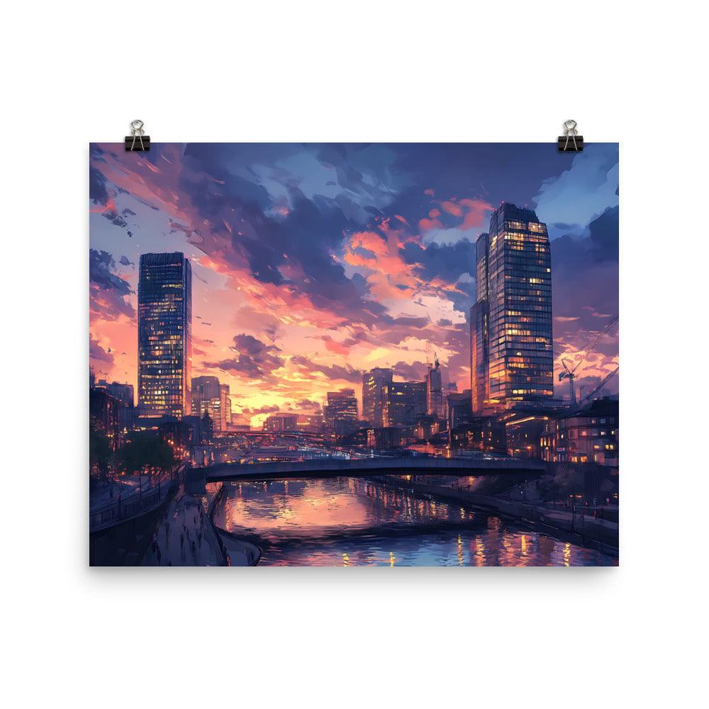 Manchester Skyline at Sunset Reflection Over River Urban Cityscape Poster - Oh Posters