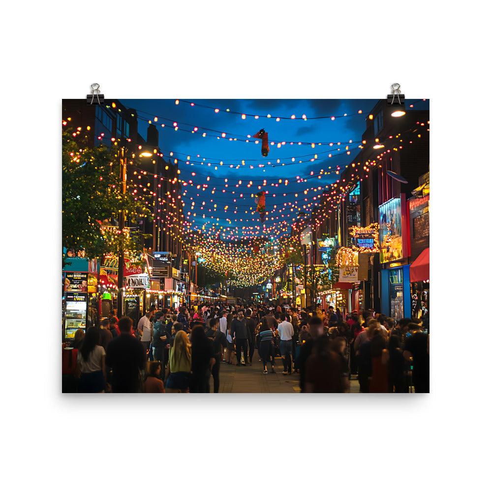 Manchester City Nightlife Street View with Festive Lights Poster - Oh Posters