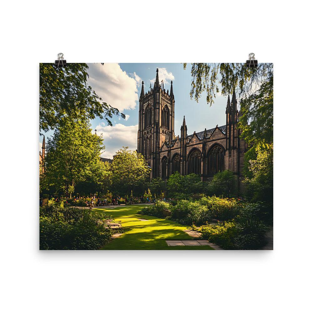 Manchester Cathedral Tranquil Garden View in Warm Sunlight Poster - Oh Posters