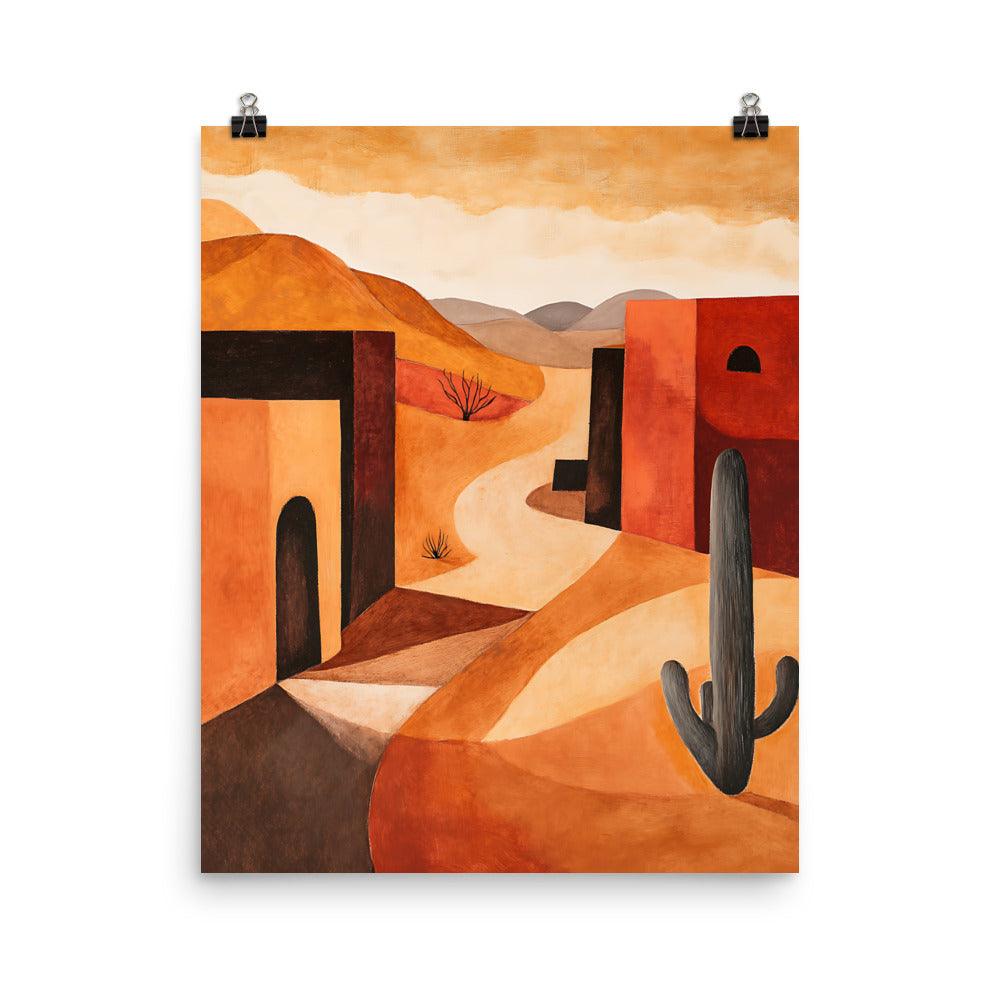 Boho Desert Landscape with Cactus and Adobe Houses Poster - Oh Posters