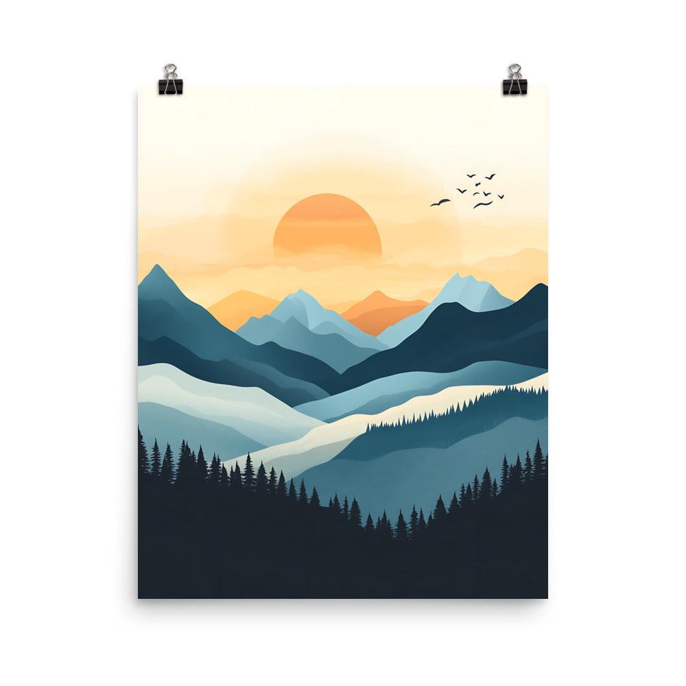Boho Mountain Sunset Landscape with Birds and Forest Silhouette Poster - Oh Posters