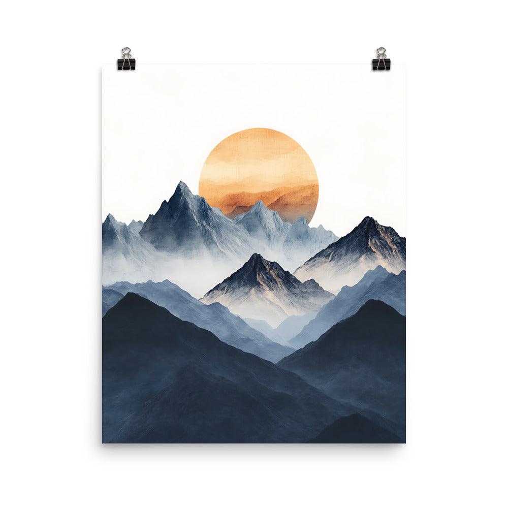 Boho Mountain Sunrise with Serene Peaks and Warm Sun Poster - Oh Posters
