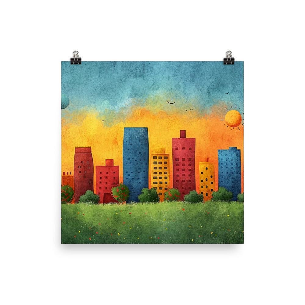 Colorful Urban City Skyline with Sunny Sky Drawing Style Poster - Oh Posters