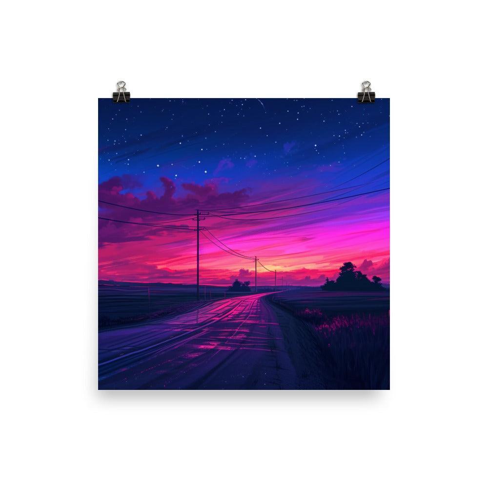 Dusk Road with Electricity Poles Vivid Digital Poster - Oh Posters