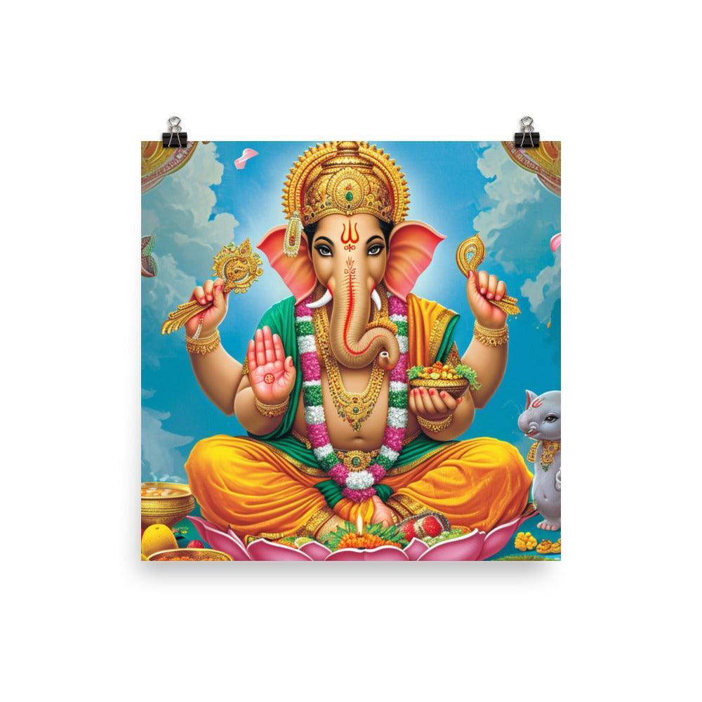 Ganesha Serene Deity with Mouse and Marigolds Poster - Oh Posters