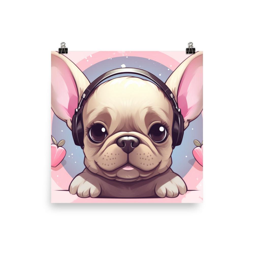 Fawn French Bulldog with Headphones Cute Pink Poster - Oh Posters