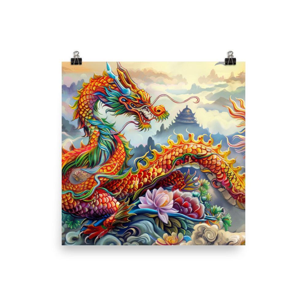 China Vibrant Dragon and Floral Fantasy Art Poster - Oh Posters