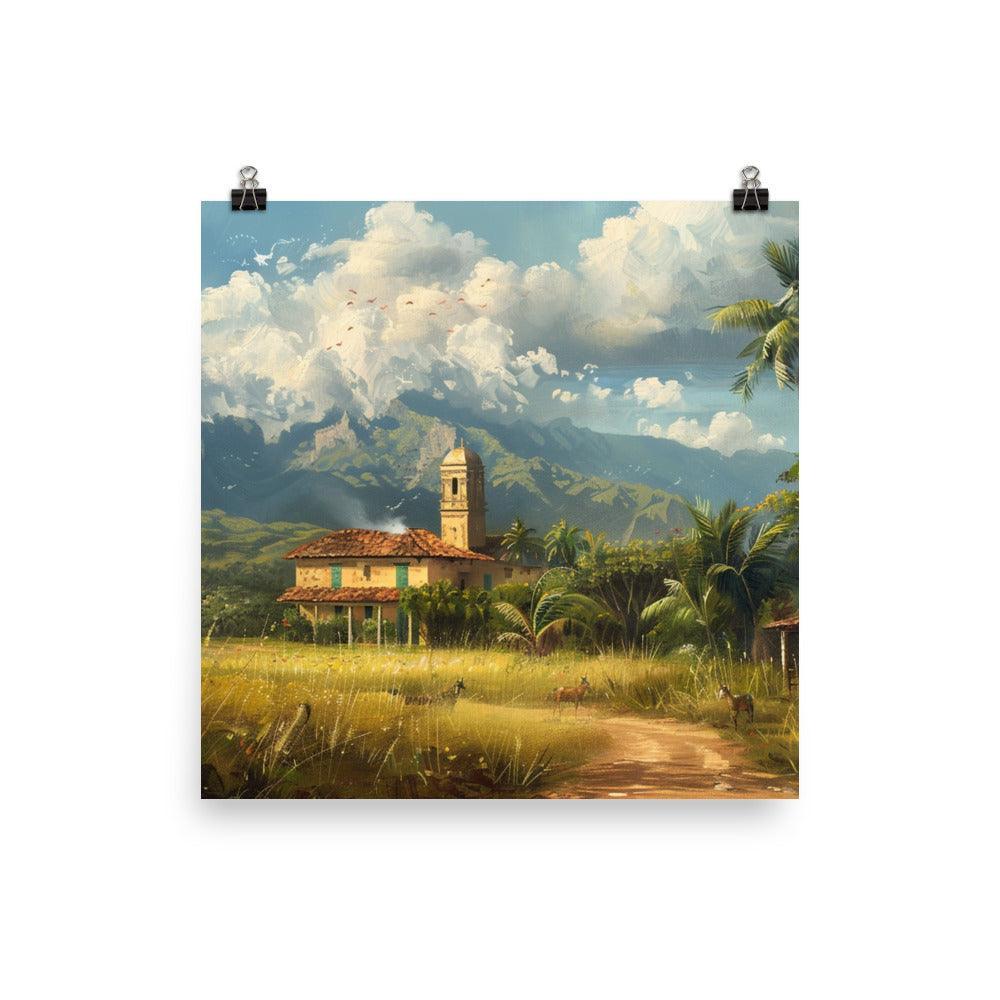 Cuba Rural Landscape with Church and Mountains Painting Poster - Oh Posters